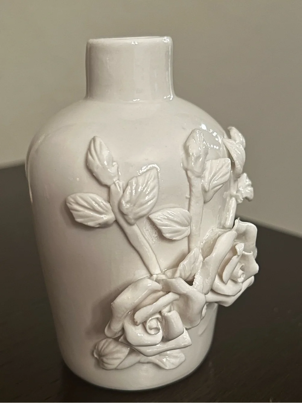 White Ceramic Vase with Raised Rose Applique — Decorative Accent